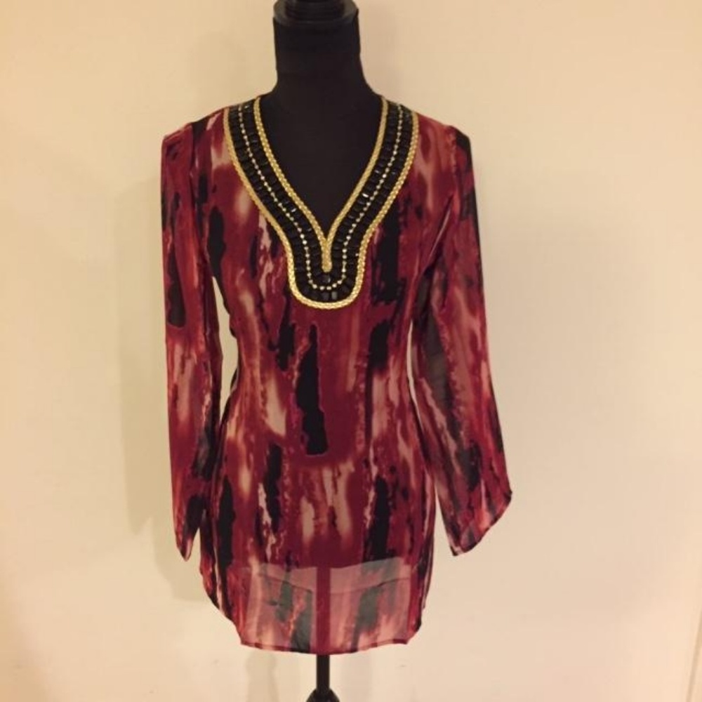 IMAN Jeweled V-Neckline  W/Gold Piping Tunic Top
